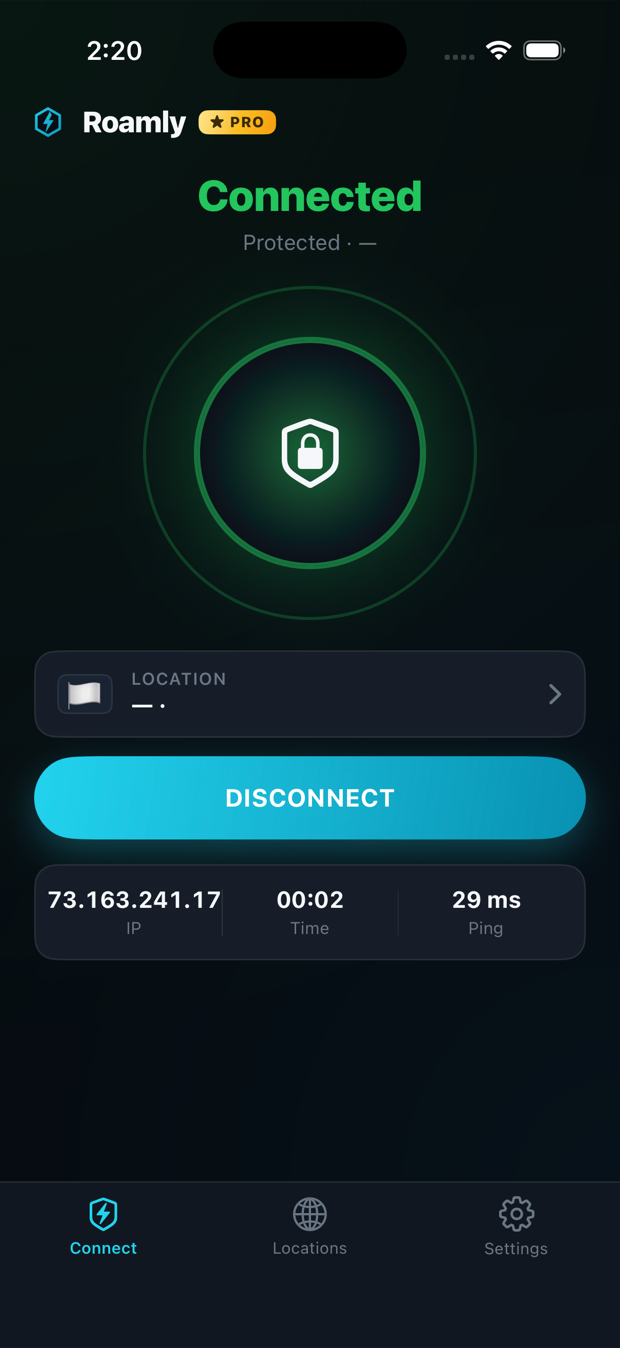 Roamly VPN iOS app — connected and protected